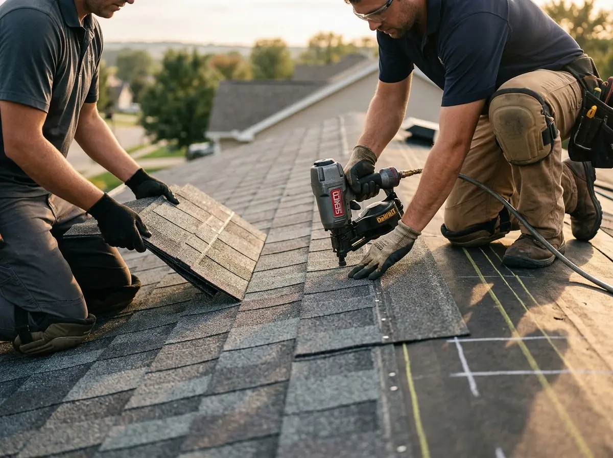 Professional roofer working on a residential roof in Midway